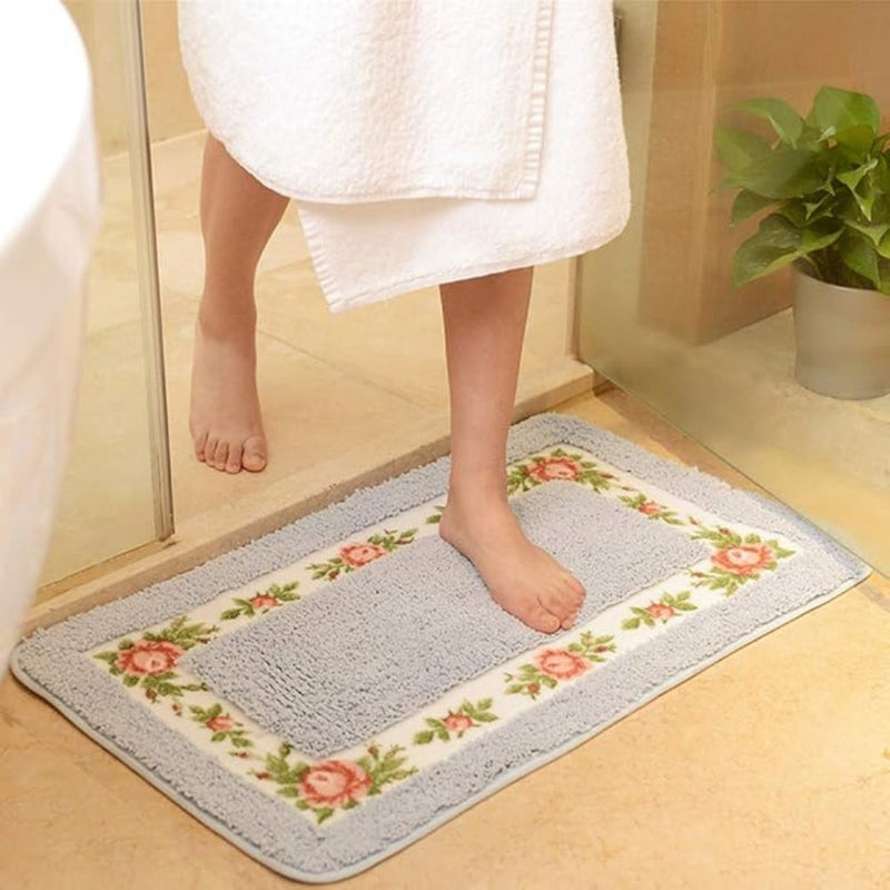 Floral Border Absorbent Bath Mat | Quick-Dry, Non-Slip Backing