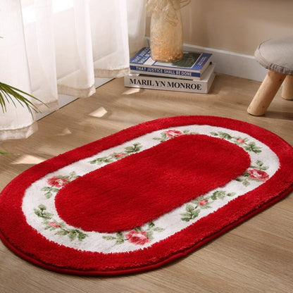 Floral Oval Plush Bath Mat | Absorbent Pile, Non-Slip Backing