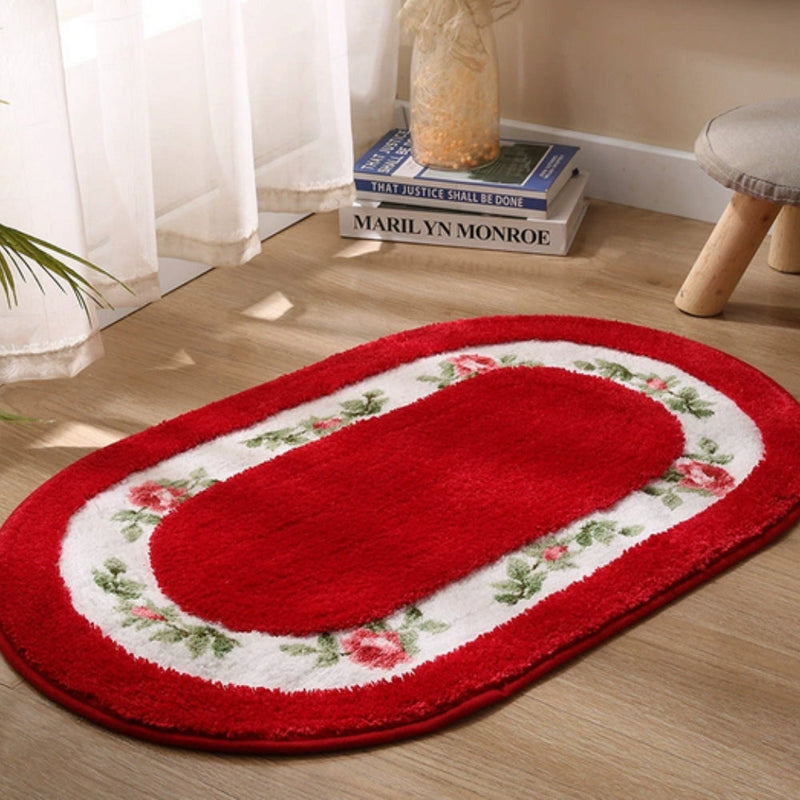 Floral Oval Plush Bath Mat | Absorbent Pile, Non-Slip Backing