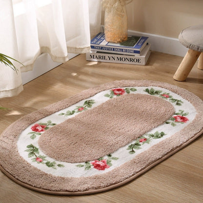 Floral Oval Plush Bath Mat | Absorbent Pile, Non-Slip Backing