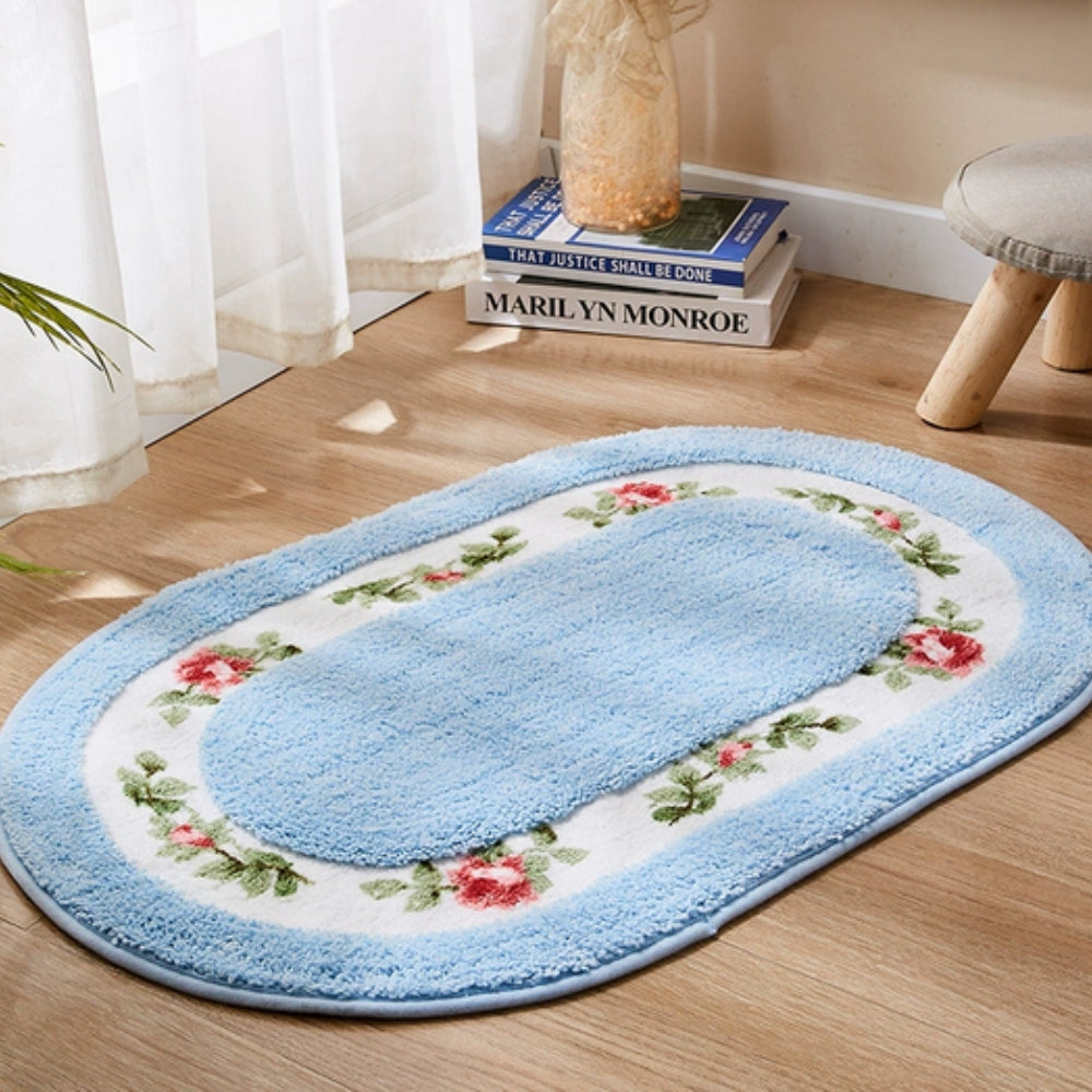 Floral Oval Plush Bath Mat | Absorbent Pile, Non-Slip Backing