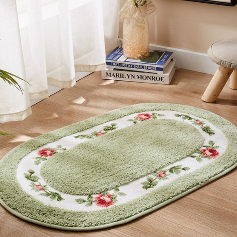 Floral Oval Plush Bath Mat | Absorbent Pile, Non-Slip Backing