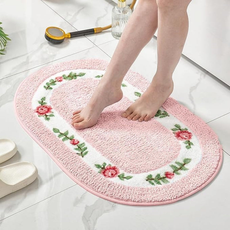 Floral Oval Plush Bath Mat | Absorbent Pile, Non-Slip Backing