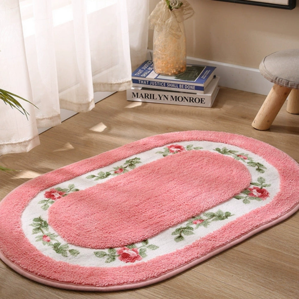 Floral Oval Plush Bath Mat | Absorbent Pile, Non-Slip Backing