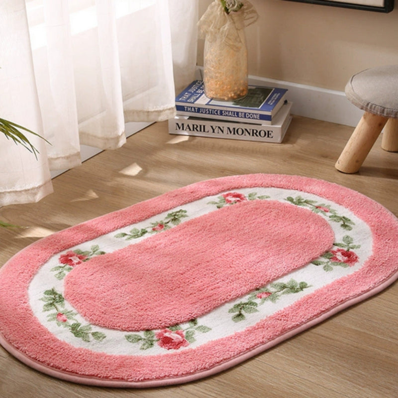 Floral Oval Plush Bath Mat | Absorbent Pile, Non-Slip Backing