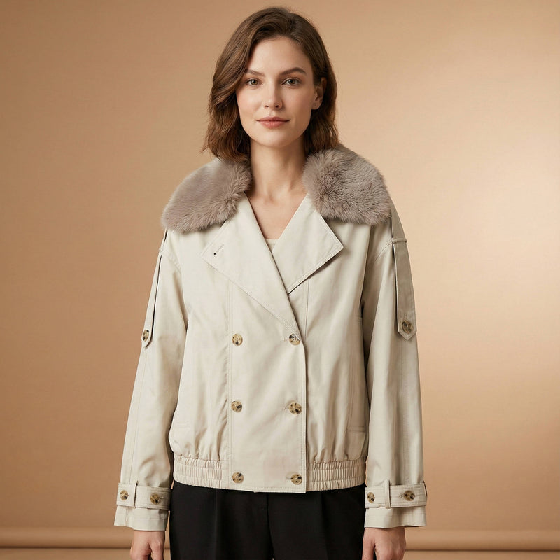 Fleur Women's Trench Coat | Cropped, Faux Fur, Double Breasted