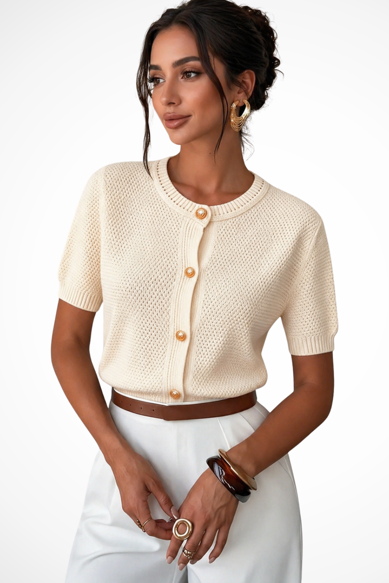 Cleo Women's Cardigan | Cropped, Round Neck, Short Sleeve
