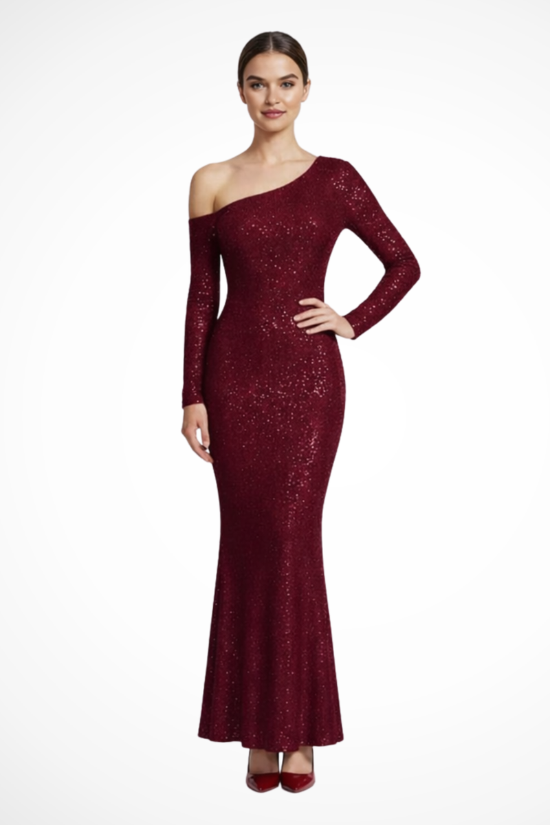 Harlow Women's Maxi Dress | Sequin, One Shoulder, Long Sleeve