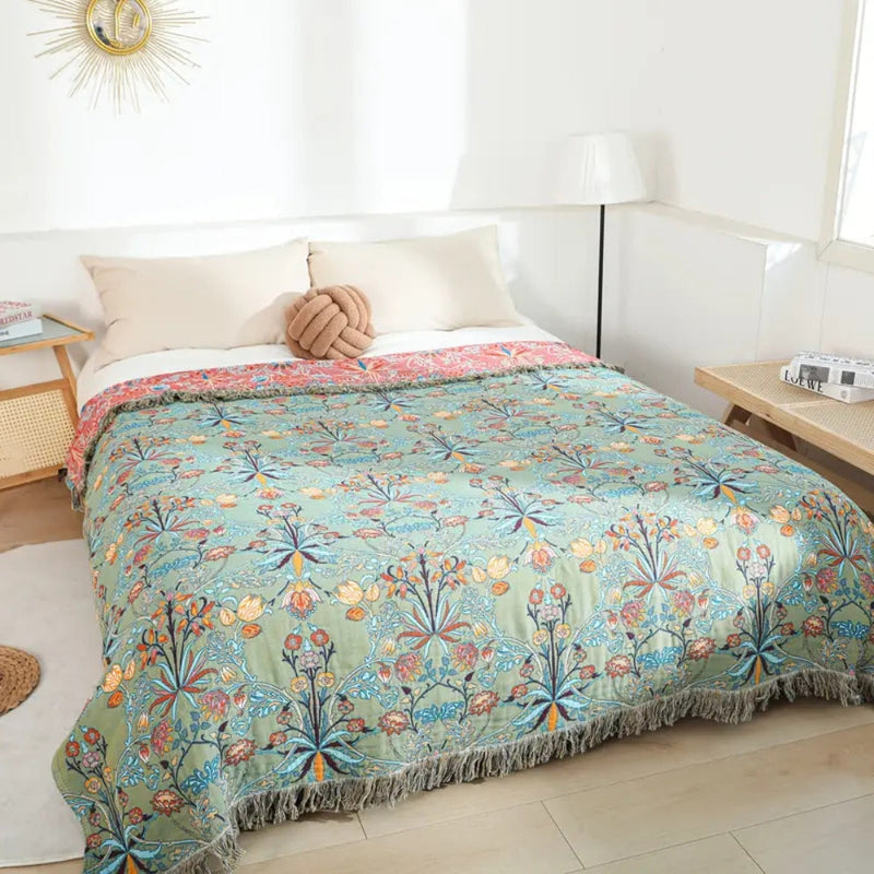 Greenery Floral Cotton Tassel Blanket | Cotton, Tassel Trim