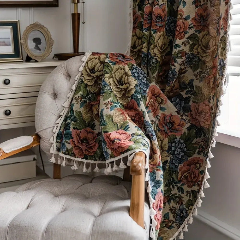 Heritage Rose Bloom Tassel Curtain | Floral Jacquard, Luxe Drape