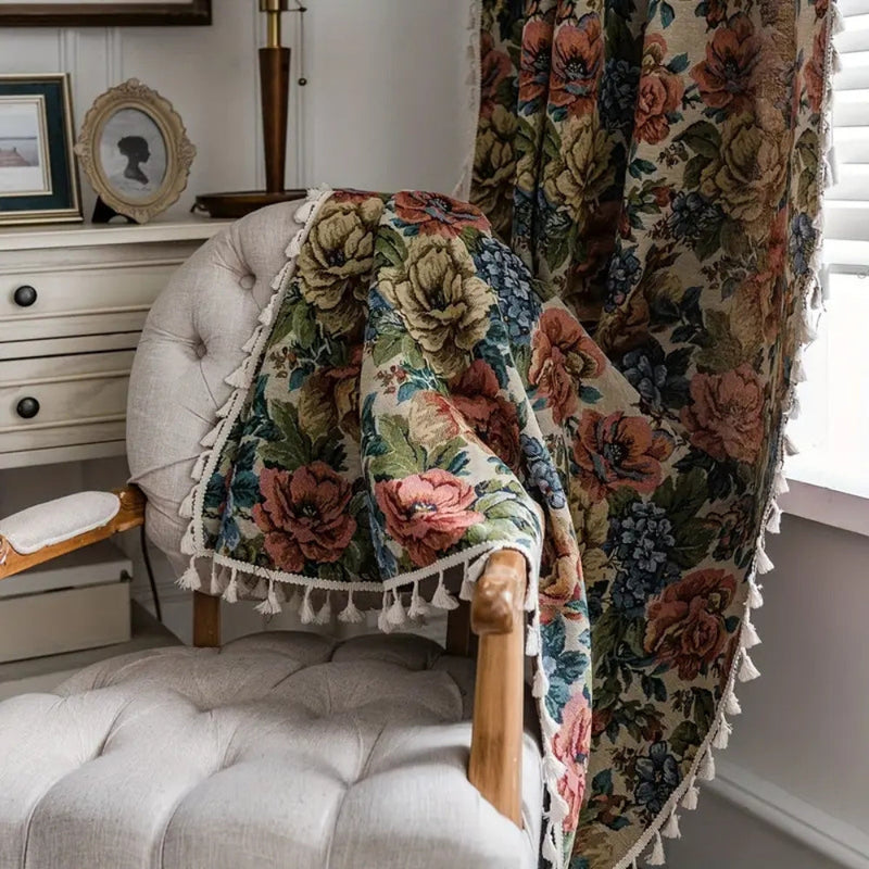 Heritage Rose Bloom Tassel Curtain | Floral Jacquard, Luxe Drape