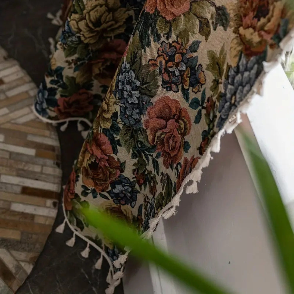 Heritage Rose Bloom Tassel Curtain | Floral Jacquard, Luxe Drape