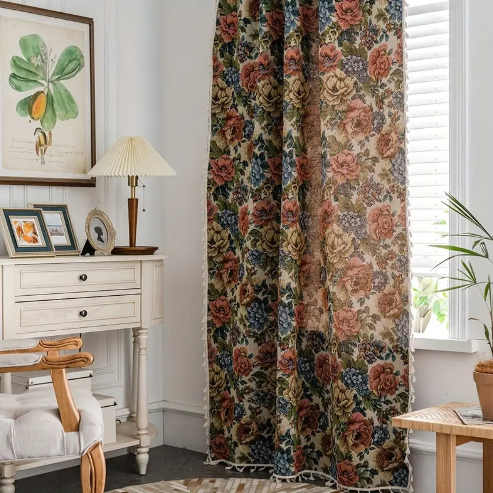 Heritage Rose Bloom Tassel Curtain | Floral Jacquard, Luxe Drape