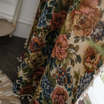 Heritage Rose Bloom Tassel Curtain | Floral Jacquard, Luxe Drape