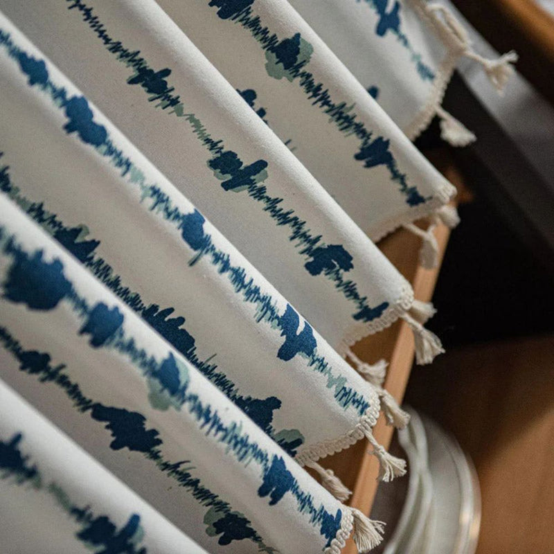 Inkblot Blue Tassel Cabinet Curtain | Coastal Pattern, Rod Pocket