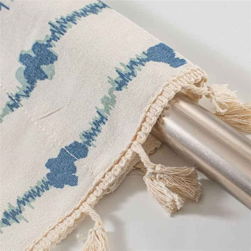 Inkblot Blue Tassel Cabinet Curtain | Coastal Pattern, Rod Pocket