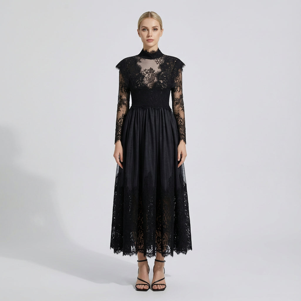 Robe Noire Femme Jade | Manches Longues en Dentelle Florale, Tenue de Soirée Élégante