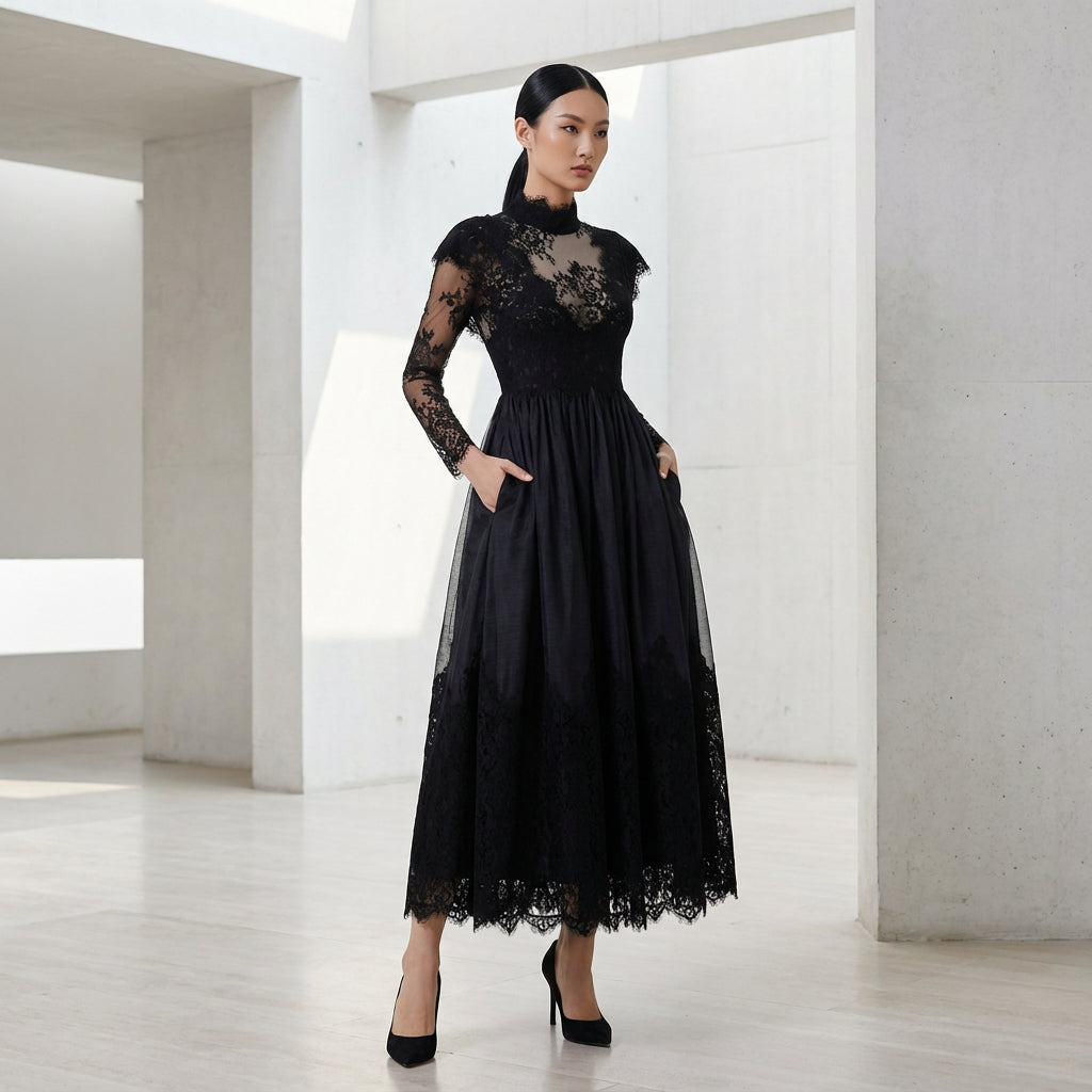 Robe Noire Femme Jade | Manches Longues en Dentelle Florale, Tenue de Soirée Élégante