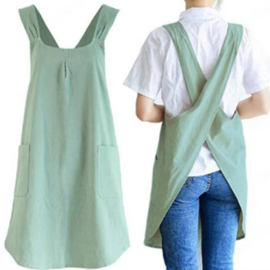 Korean-Inspired Cross-Back Linen Apron Dress with Pockets – Lightweight Cotton Blend for Home and Garden 0