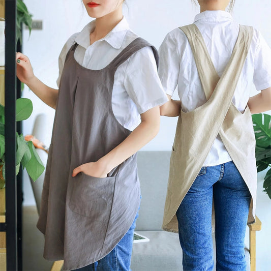 Korean-Inspired Cross-Back Linen Apron Dress with Pockets – Lightweight Cotton Blend for Home and Garden 1