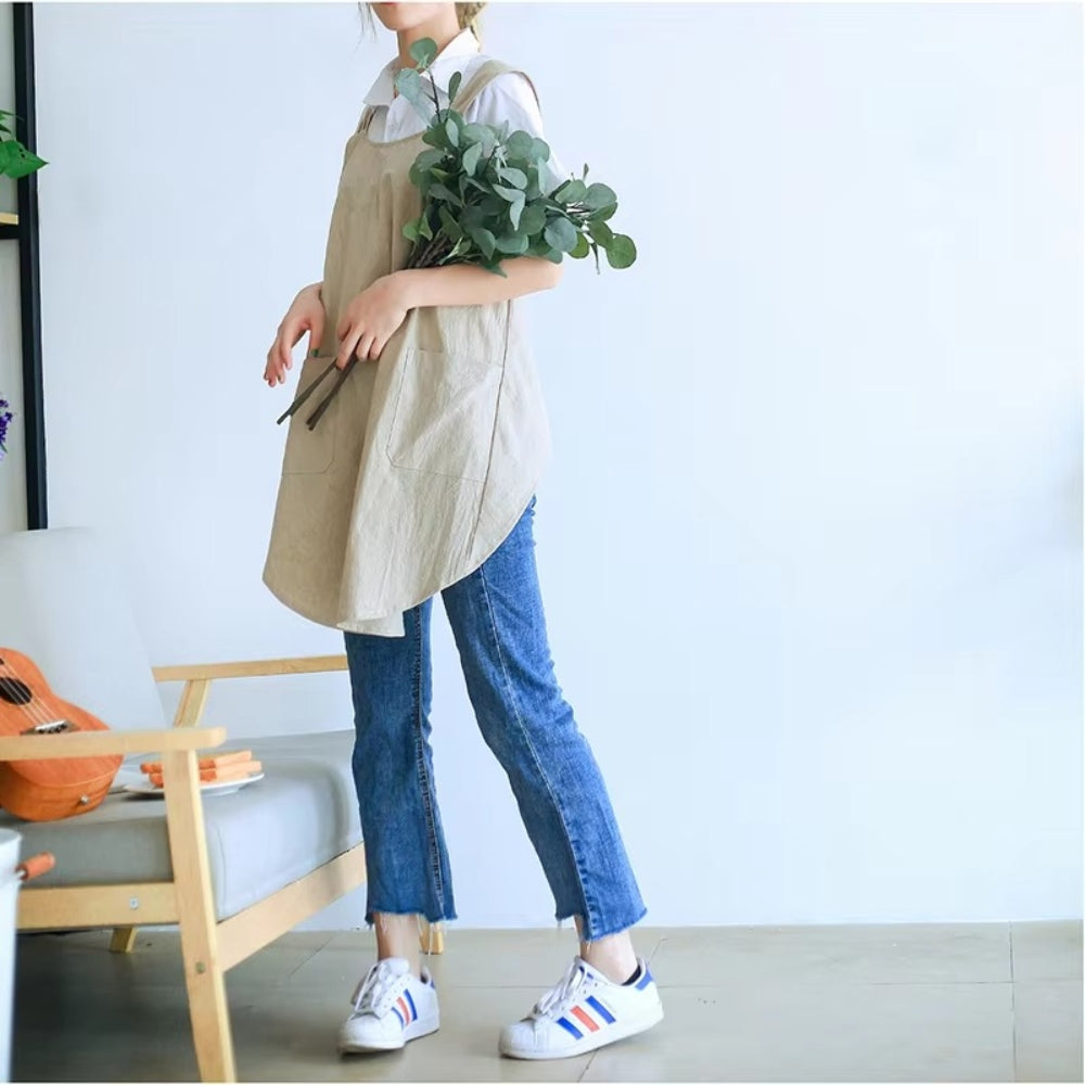 Korean-Inspired Cross-Back Linen Apron Dress with Pockets – Lightweight Cotton Blend for Home and Garden 2