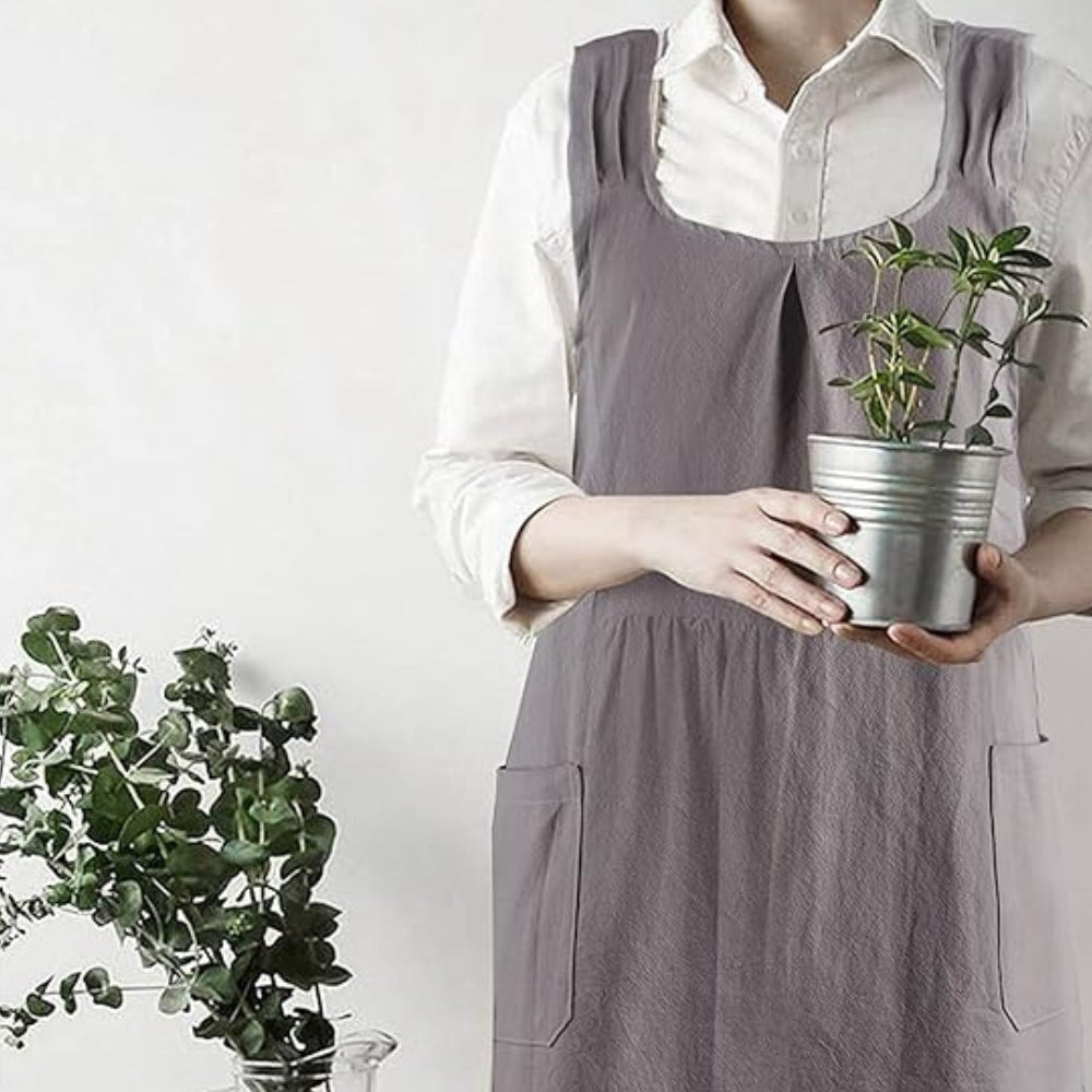 Korean-Inspired Cross-Back Linen Apron Dress with Pockets – Lightweight Cotton Blend for Home and Garden 4