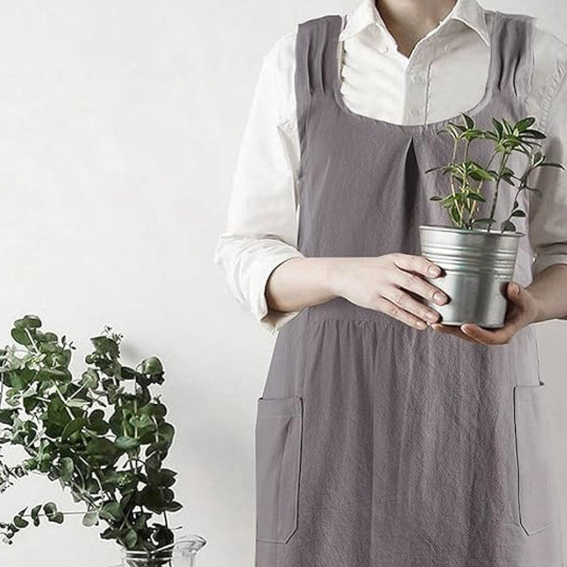 Korean-Inspired Cross-Back Linen Apron Dress with Pockets – Lightweight Cotton Blend for Home and Garden 4