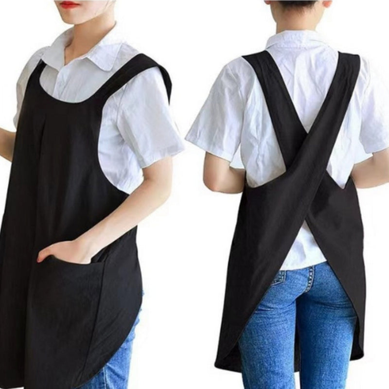 Korean-Inspired Cross-Back Linen Apron Dress with Pockets – Lightweight Cotton Blend for Home and Garden 5