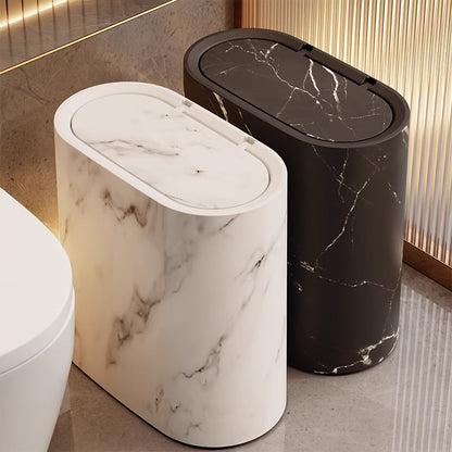 Modern Marble Pattern Trash Can with Lid – Stylish Oval Kitchen and Bathroom Garbage Bin 10