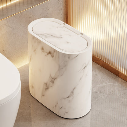 Modern Marble Pattern Trash Can with Lid – Stylish Oval Kitchen and Bathroom Garbage Bin 2