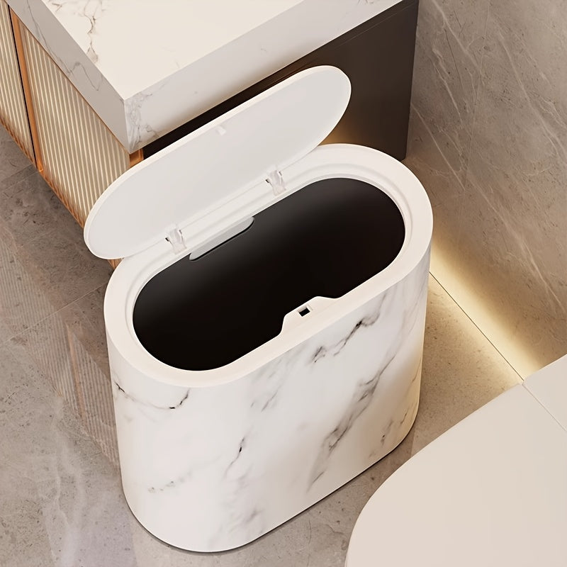 Modern Marble Pattern Trash Can with Lid – Stylish Oval Kitchen and Bathroom Garbage Bin 5
