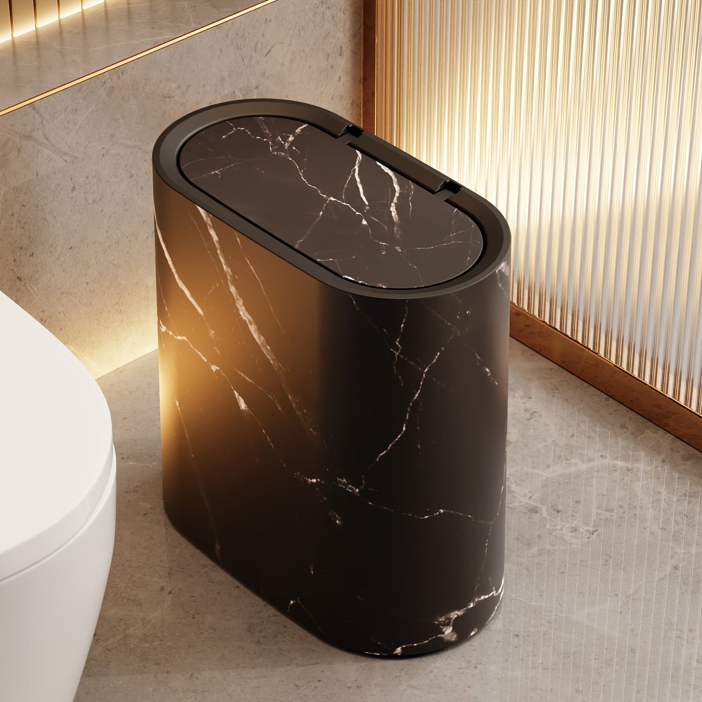 Modern Marble Pattern Trash Can with Lid – Stylish Oval Kitchen and Bathroom Garbage Bin 7