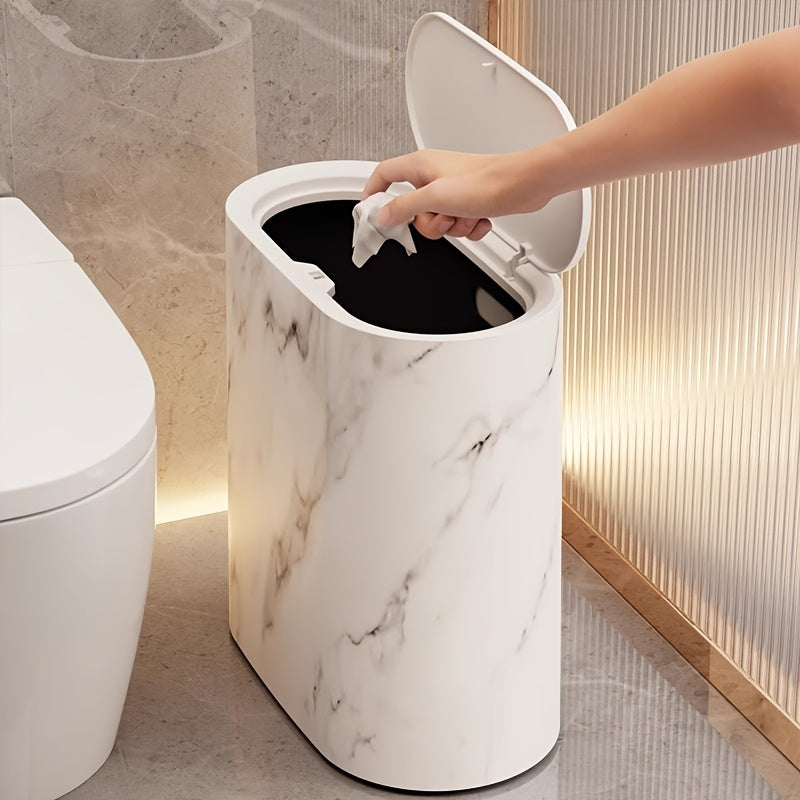 Modern Marble Pattern Trash Can with Lid – Stylish Oval Kitchen and Bathroom Garbage Bin 8