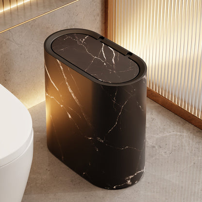 Modern Marble Pattern Trash Can with Lid – Stylish Oval Kitchen and Bathroom Garbage Bin 9