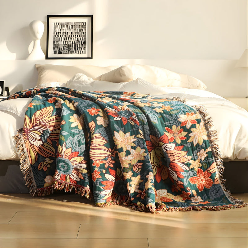 Modish Floral Cotton Tassel Throw Blanket | Cotton, Tassel Trim