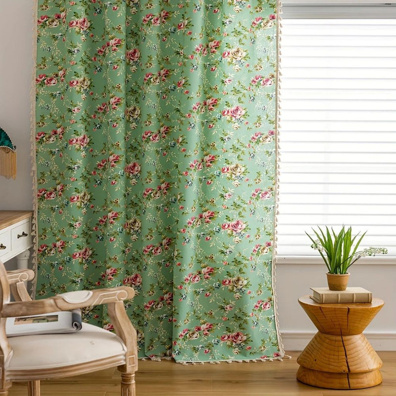 Pastoral Green Rose Tassel Curtain | Semi-Sheer, Room Divider