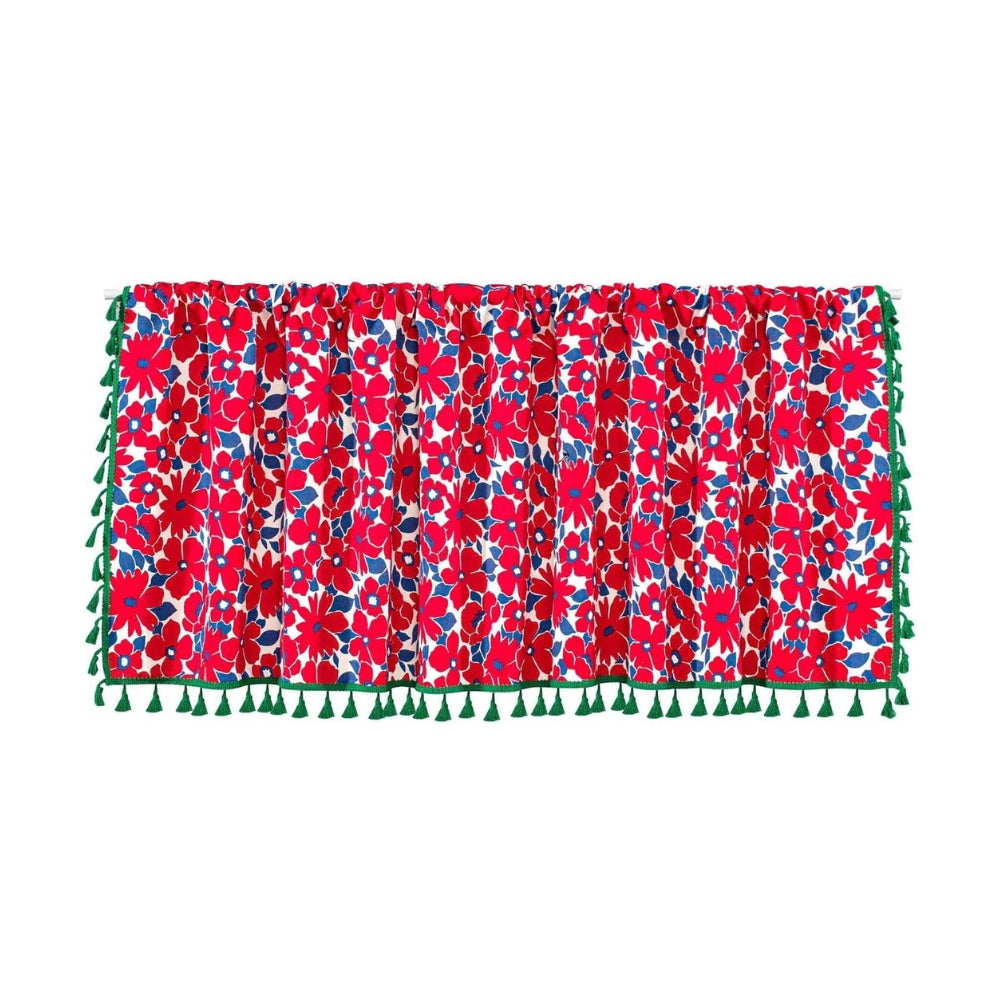 Graceful Red Floral Cabinet Curtain | Cotton-Linen, Tassel Tier