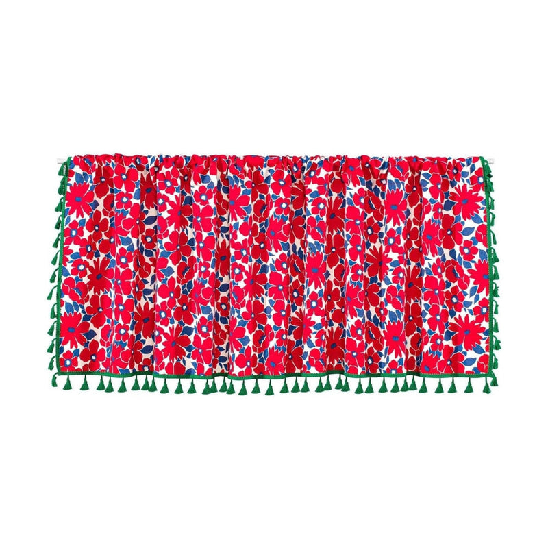 Graceful Red Floral Cabinet Curtain | Cotton-Linen, Tassel Tier
