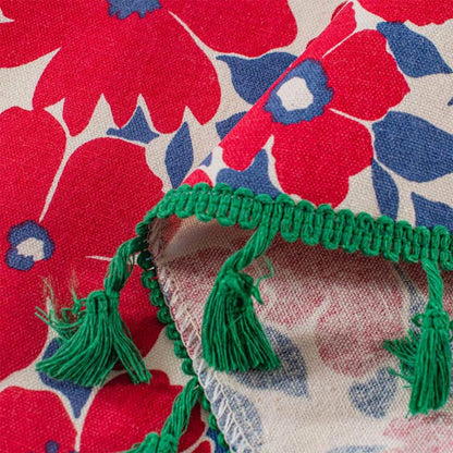 Graceful Red Floral Cabinet Curtain | Cotton-Linen, Tassel Tier