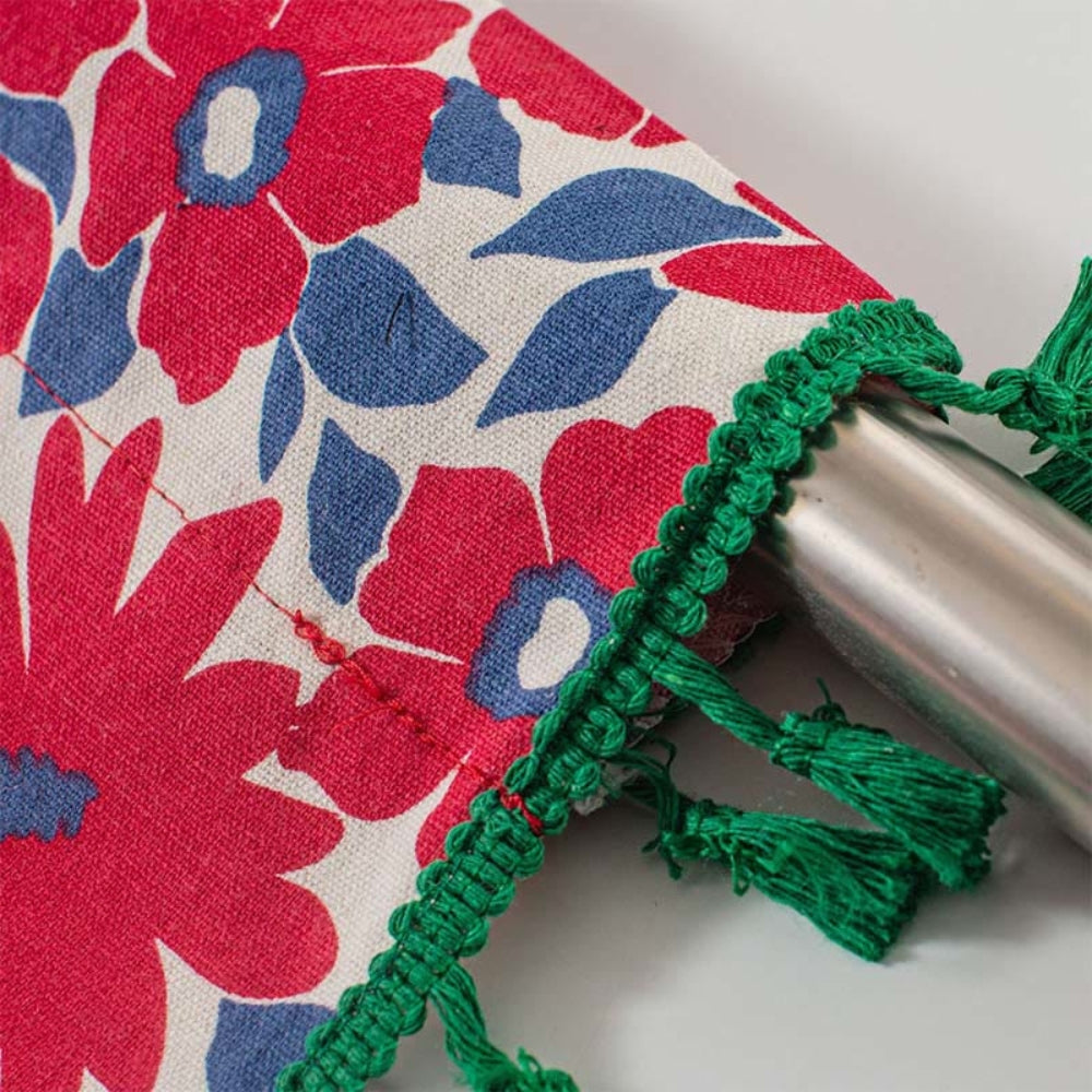 Graceful Red Floral Cabinet Curtain | Cotton-Linen, Tassel Tier