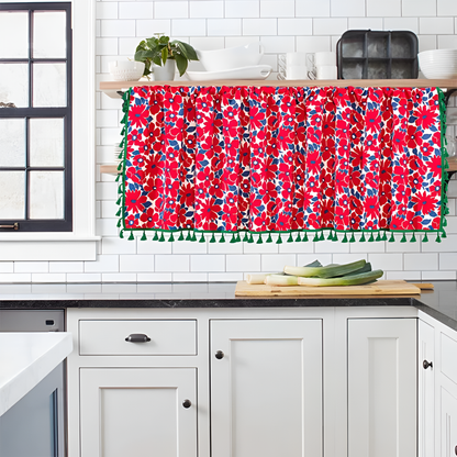 Graceful Red Floral Cabinet Curtain | Cotton-Linen, Tassel Tier