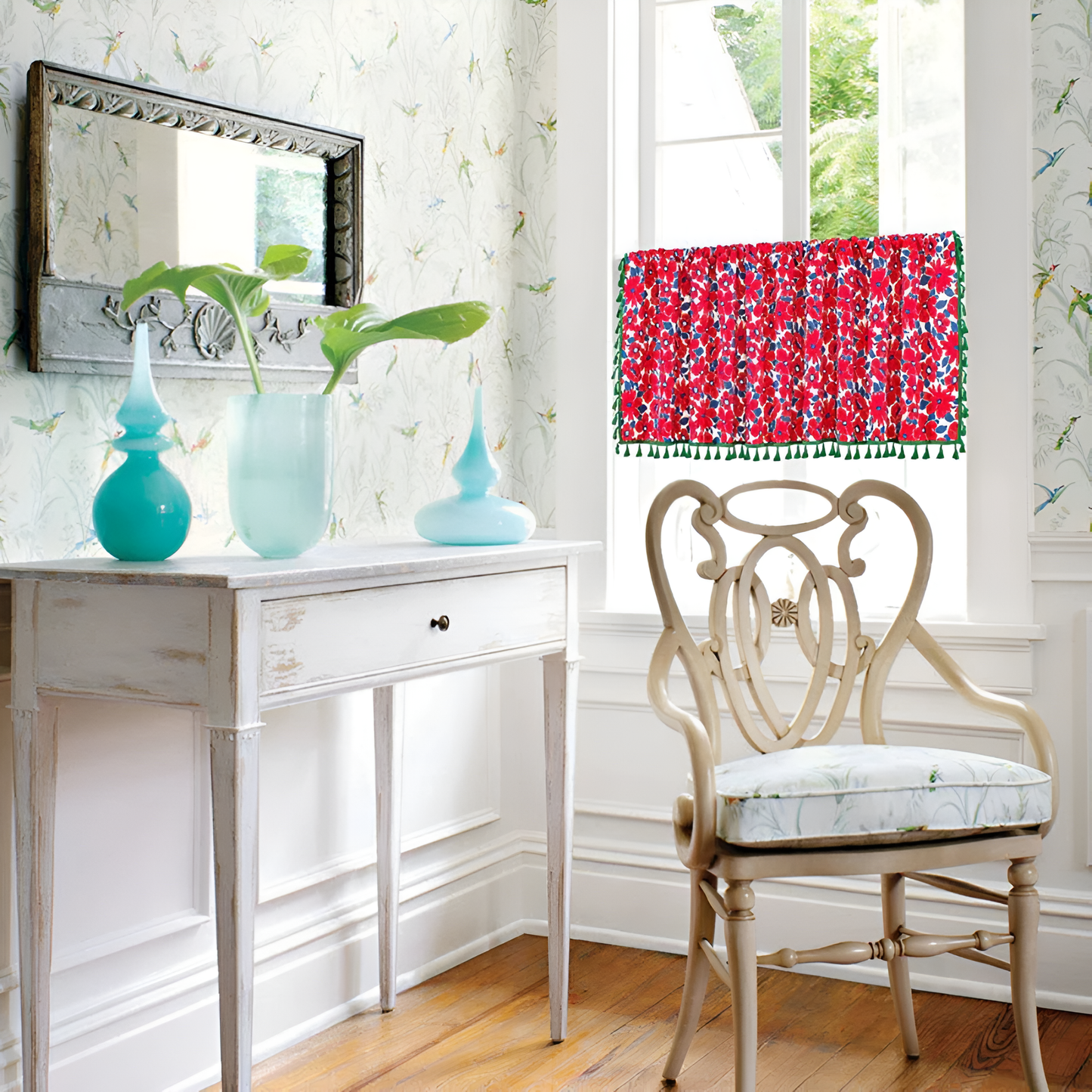 Graceful Red Floral Cabinet Curtain | Cotton-Linen, Tassel Tier
