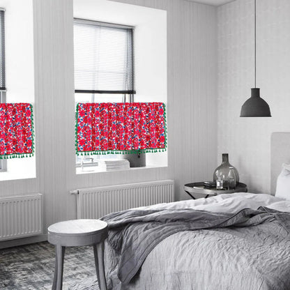 Graceful Red Floral Cabinet Curtain | Cotton-Linen, Tassel Tier