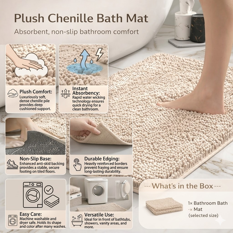 Plush Chenille Bath Mat – Non-Slip Absorbent Bathroom Rug for Comfort and Safety 3