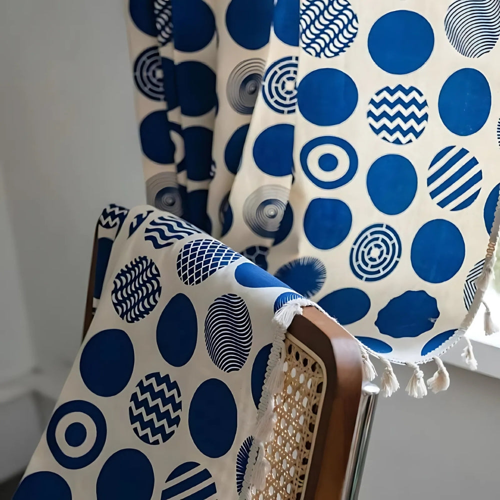 Retro Blue Polka Dot Curtain | Blackout Valance, Tassel Edge