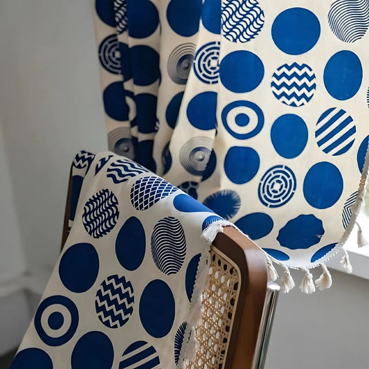 Retro Blue Polka Dot Curtain | Blackout Valance, Tassel Edge