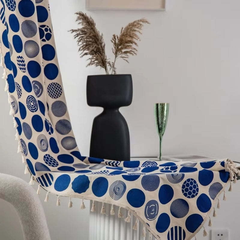 Retro Blue Polka Dot Curtain | Blackout Valance, Tassel Edge