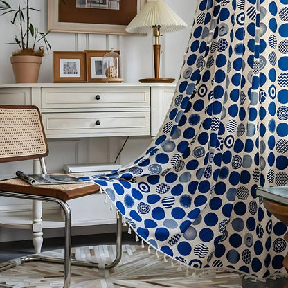 Retro Blue Polka Dot Curtain | Blackout Valance, Tassel Edge