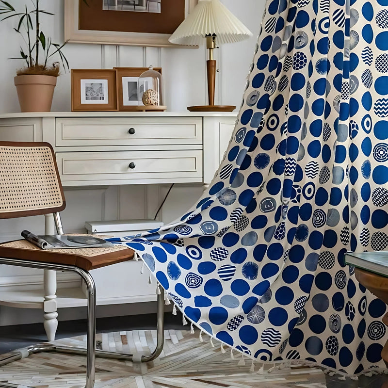 Retro Blue Polka Dot Curtain | Blackout Valance, Tassel Edge