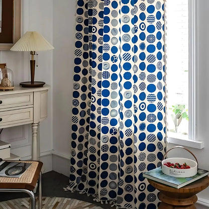 Retro Blue Polka Dot Curtain | Blackout Valance, Tassel Edge